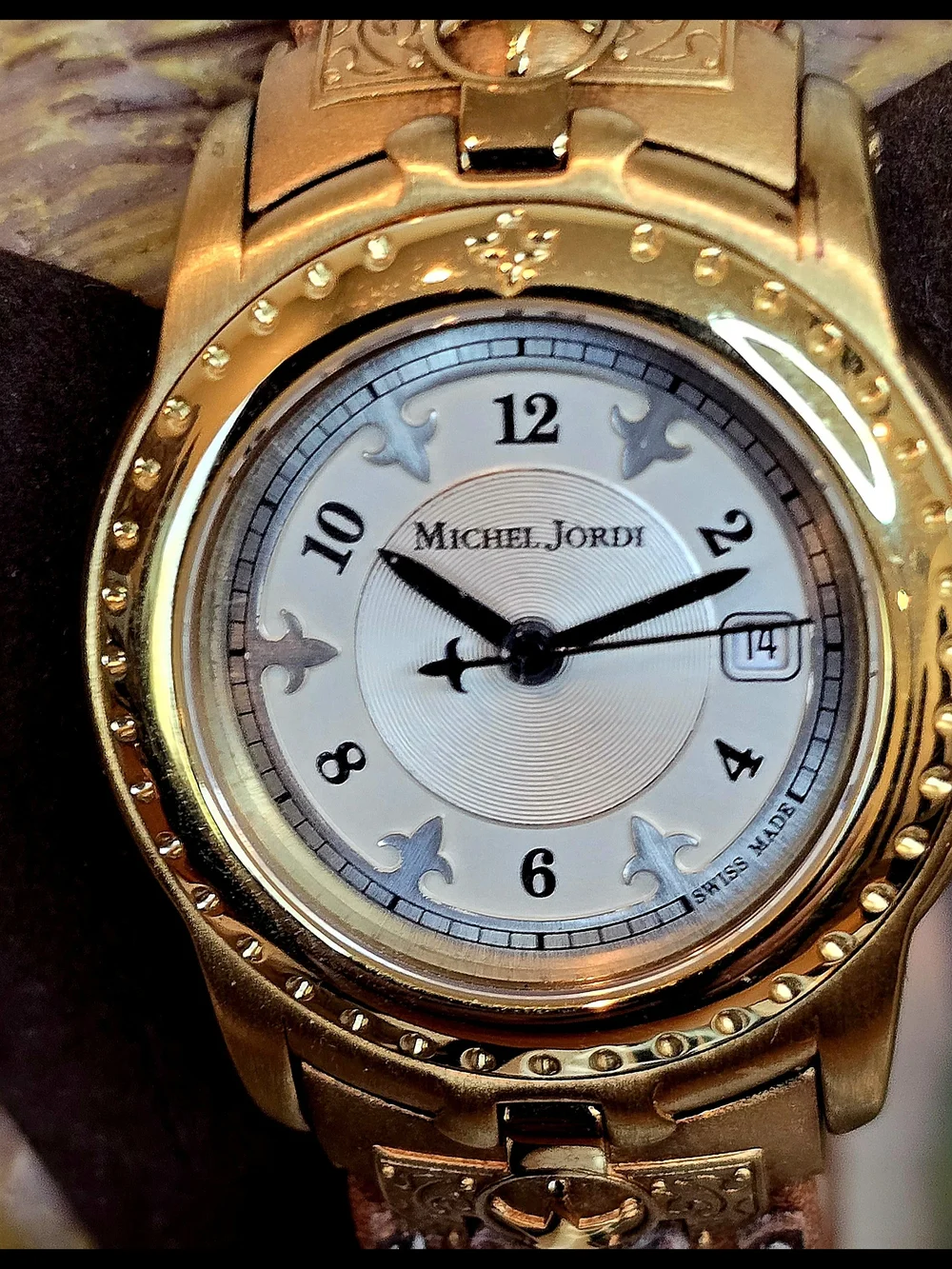 Vintage Michel Jordi Swiss Made Watch with White Dial & Brown Leather Strap
